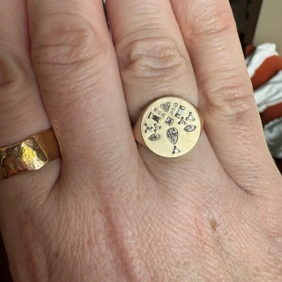 14K DIAMOND MOSAIC BRUSHED GOLD ROUND SIGNET RING - Picture 3 of 9